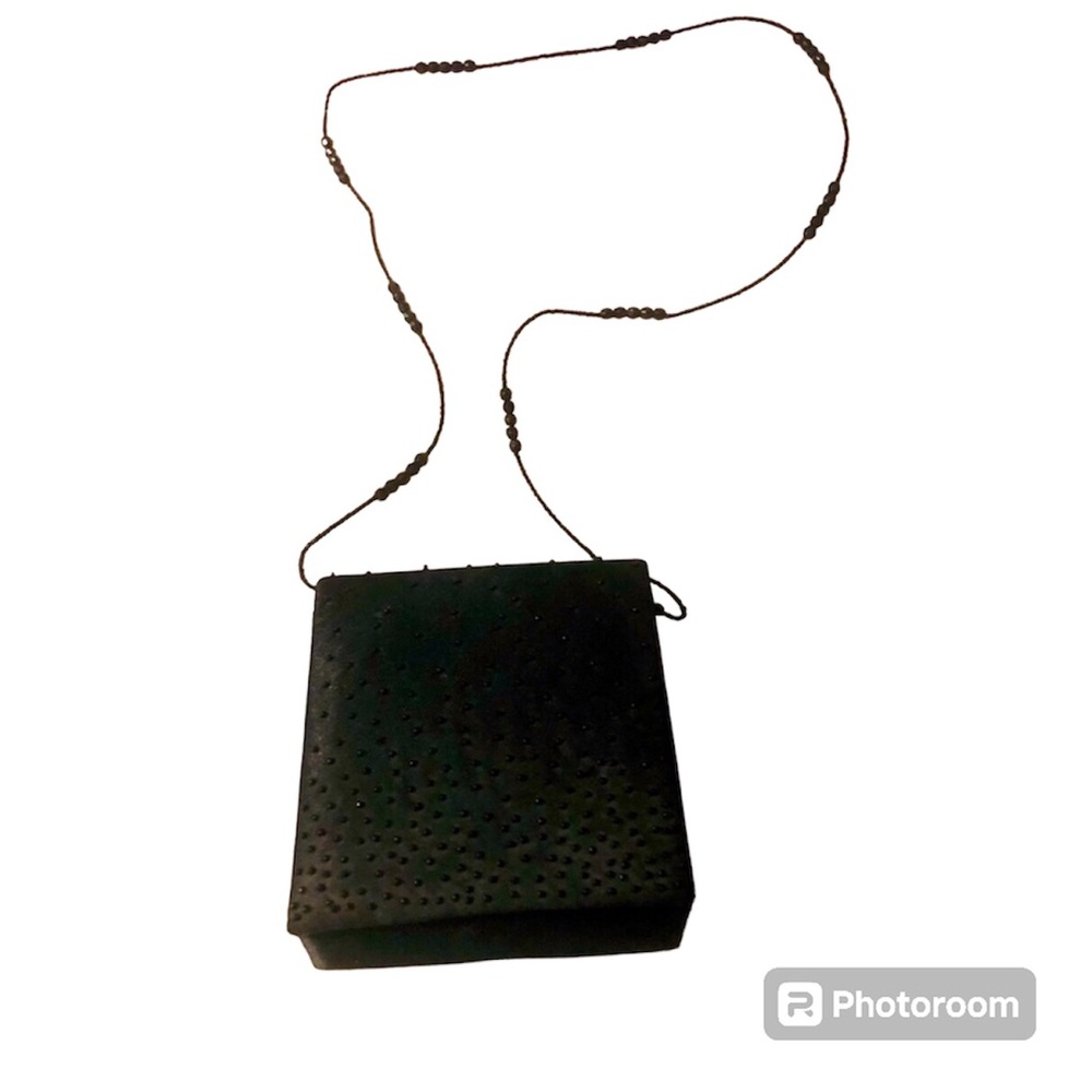 Vintage Black Satin Beaded Flap Front Purse Jessica McClintock